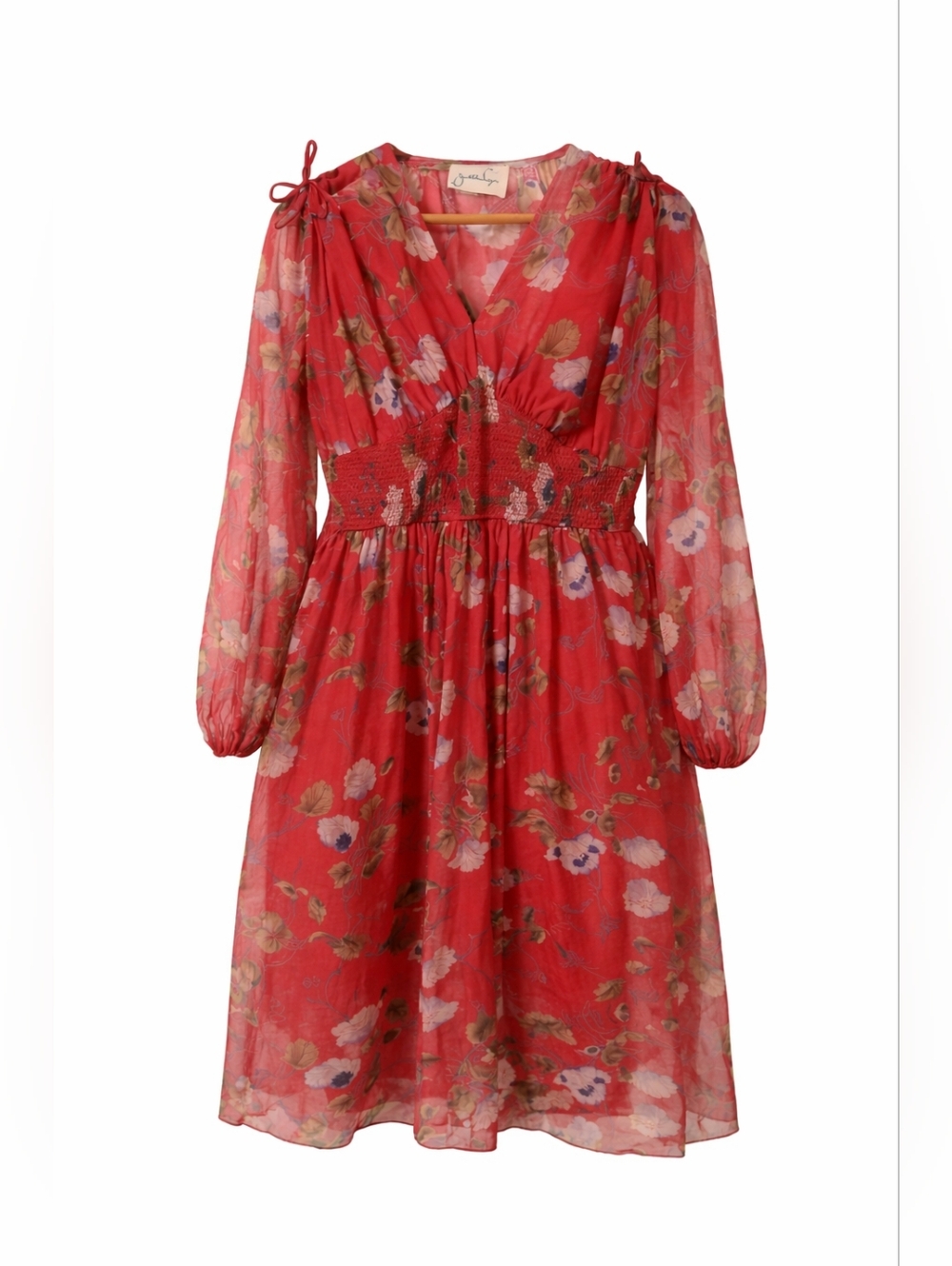 Jonathan Logan – Vintage Red Floral Smocked Waist Dress | 1970s Boho
